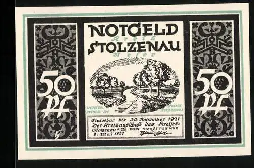 Notgeld Stolzenau 1921, 50 Pfennig, Landschaftsmotiv und Wilhelm Busch Zitat