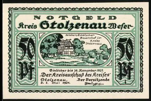 Notgeld Stolzenau Weser 1921, 50 Pf, Niedersachsen Bauernhof und Szene am Tisch