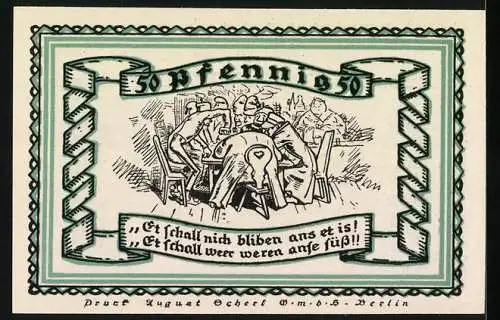 Notgeld Stolzenau Weser 1921, 50 Pf, Niedersachsen Bauernhof und Szene am Tisch