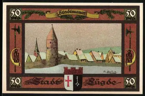 Notgeld Lügde 1921, 50 Pfennig, Stadtmauer Motiv und Stadtwappen, Seriennummer 083830