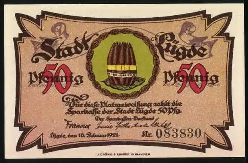 Notgeld Lügde 1921, 50 Pfennig, Stadtmauer Motiv und Stadtwappen, Seriennummer 083830