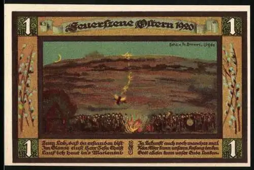 Notgeld Lügde 1921, 1 Mark, Feuerfeier Ostern mit Landschaft und Menschen, Stadtwappen mit Ährenbund und Spruch