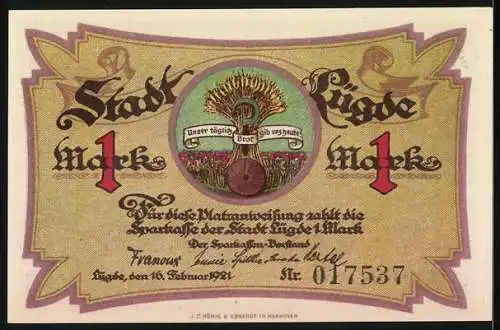 Notgeld Lügde 1921, 1 Mark, Feuerfeier Ostern mit Landschaft und Menschen, Stadtwappen mit Ährenbund und Spruch