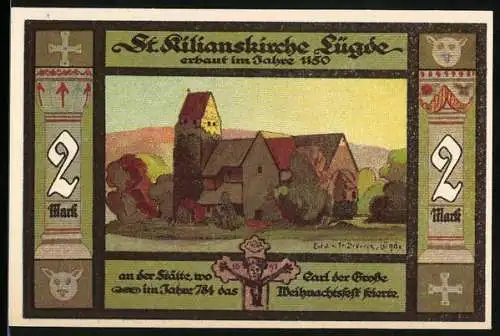 Notgeld Lügde, 1921, 2 Mark, St. Kilian`s Church und Stadtwappen, Seriennummer 017205