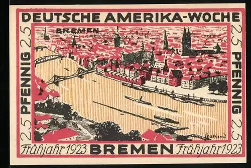 Notgeld Bremen, Frühjahr 1923, 25 Pfennig, Deutsche Amerika-Woche mit Stadtansicht und Flaggenmuster