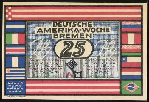 Notgeld Bremen, Frühjahr 1923, 25 Pfennig, Deutsche Amerika-Woche mit Stadtansicht und Flaggenmuster