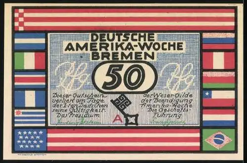 Notgeld Bremen 1923, 50 Pfennig, Deutsche Amerika-Woche mit Schiffswerft und internationalen Flaggen