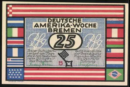 Notgeld Bremen, Frühjahr 1923, 25 Pfennig, Deutsche Amerika-Woche, Santiago de Chile