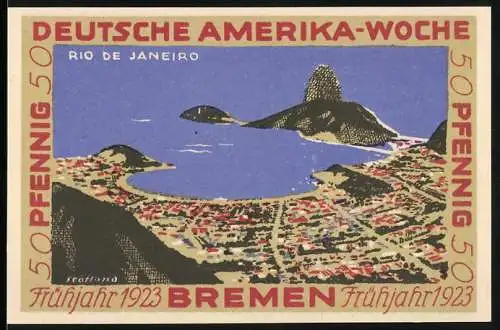 Notgeld Bremen 1923, 50 Pfennig, Deutsche Amerika-Woche, Rio de Janeiro Motiv, Flaggen der Nationen