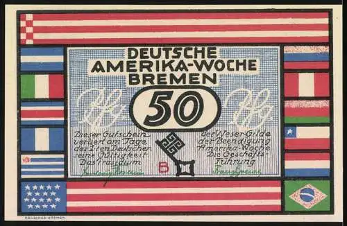 Notgeld Bremen 1923, 50 Pfennig, Deutsche Amerika-Woche, Rio de Janeiro Motiv, Flaggen der Nationen