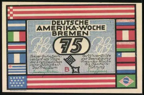 Notgeld Bremen, Frühjahr 1923, 75 Pfennig, Deutsche Amerika-Woche Buenos Aires, Stadtansicht und Flaggen