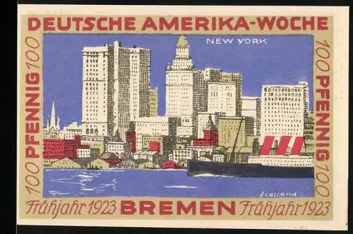 Notgeld Bremen, 1923, 100 Pfennig, Deutsche Amerika-Woche mit New York Skyline