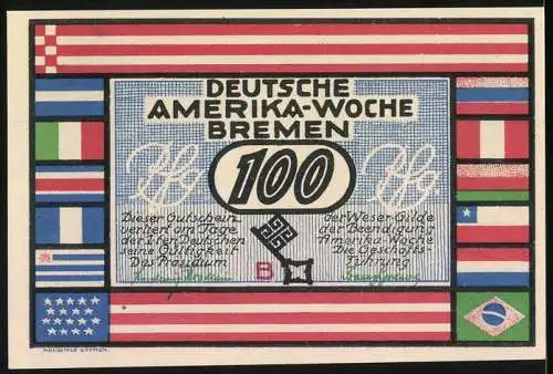 Notgeld Bremen, 1923, 100 Pfennig, Deutsche Amerika-Woche mit New York Skyline