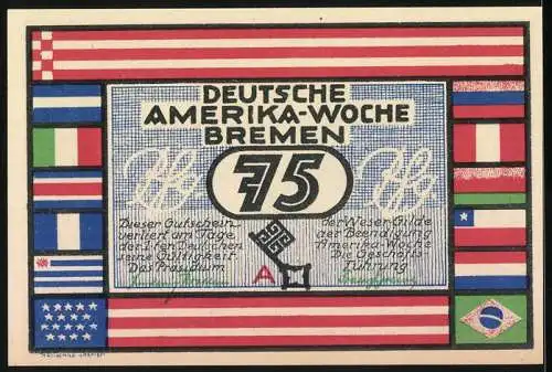 Notgeld Bremen, Frühjahr 1923, 75 Pfennig, Deutsche Amerika-Woche, Bremerhaven, Schiffe und Fahnen