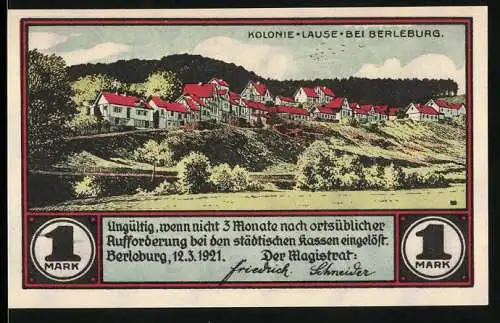 Notgeld Berleburg, 1921, 1 Mark, Kolonie Lause und Jagdgründe Berleburg