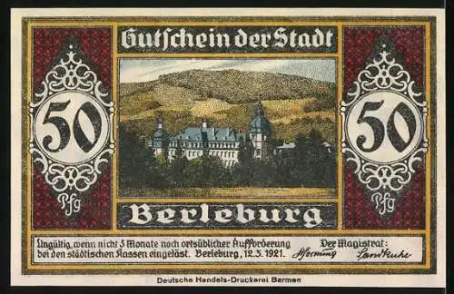 Notgeld Bad Berleburg, 1921, 50 Pfennig, Schlosssoldat und Schlossansicht