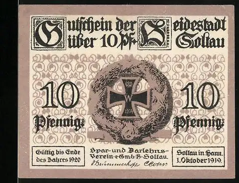 Notgeld Soltau, 1919, 10 Pfennig, Gültig bis Ende 1920, Bauernhof mit Schafherde