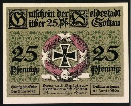 Notgeld Soltau, 1920, 25 Pfennig, Fachwerkhaus und Eisernes Kreuz