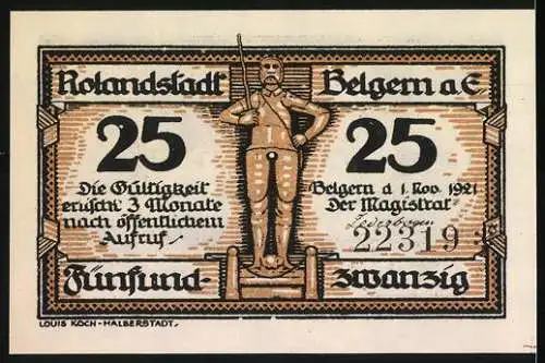 Notgeld Belgern a. E., 1921, 25 Mark, Abbildung eines Gebäudes und eines Rolands