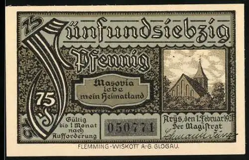 Notgeld Arys 1921, 75 Pfennig, Masovia lebe mein Heimatland, Kirche und Adlerwappen