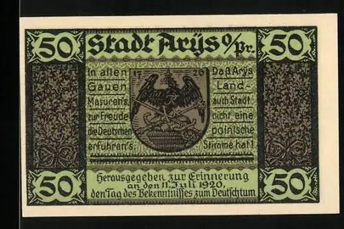 Notgeld Arys 1920, 50 Pfennig, Wappen und Kirche, Masovia lebe mein Heimatland