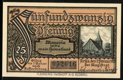 Notgeld Arys 1921, 25 Pfennig, Masovia lebe mein Heimatland, Stadt Arns Wappen und Text