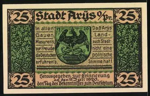 Notgeld Arys 1921, 25 Pfennig, Masovia lebe mein Heimatland, Stadt Arns Wappen und Text