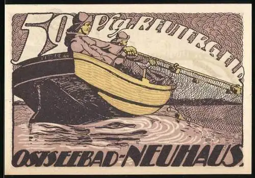 Notgeld Ostseebad Neuhaus, 1920, 50 Pfennig, Fischer im Boot und karikierte Szene mit Meerjungfrau