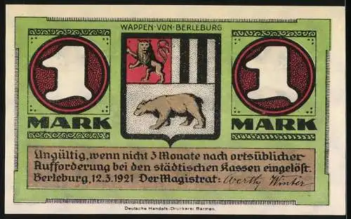 Notgeld Berleburg, 1921, 1 Mark, Alt-Berleburg 1650 und Wappen von Berleburg