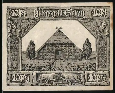 Notgeld Soltau, 1921, 10 Pfennig, Bauernhaus mit Scheune und Kriegsdenkmal