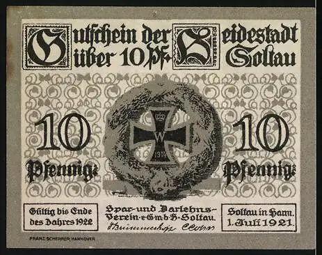 Notgeld Soltau, 1921, 10 Pfennig, Bauernhaus mit Scheune und Kriegsdenkmal