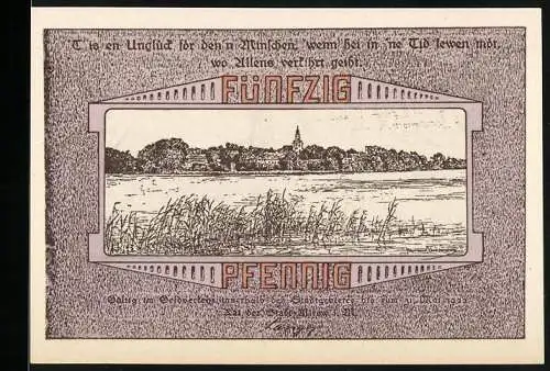 Notgeld Mirow 1921, 50 Pfennig, Stadtansicht und Kirche, Reutergeld der Stadt