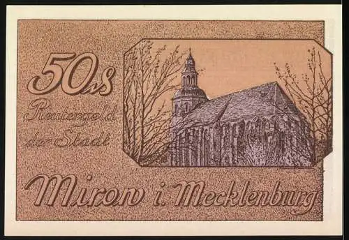 Notgeld Mirow 1921, 50 Pfennig, Stadtansicht und Kirche, Reutergeld der Stadt