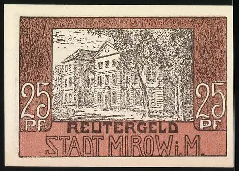 Notgeld Mirow, 25 Pfennig, Gebäude und Strasse, Reutergeld Stadt Mirow