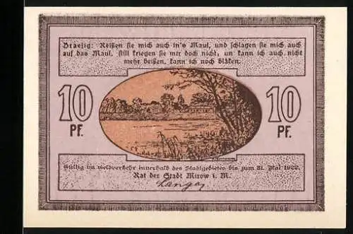 Notgeld Mirow 1922, 10 Pfennig, Landschaft und Gebäudeillustration, Reutergeld