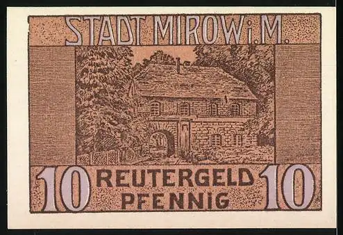 Notgeld Mirow 1922, 10 Pfennig, Landschaft und Gebäudeillustration, Reutergeld