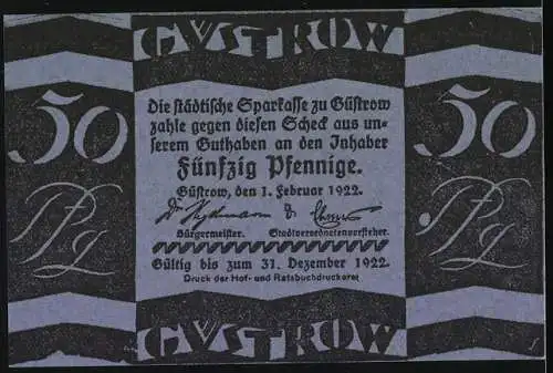 Notgeld Güstrow, 1922, 50 Pfennig, Stier und Text mit Signaturen, gültig bis 31. Dezember 1922