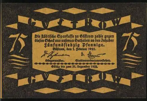 Notgeld Güstrow, 1922, 75 Pfennig, mit Gebäudeabbildung und geometrischen Mustern