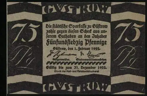 Notgeld Güstrow 1922, 75 Pfennig, Städtische Sparkasse und Stier-Motiv