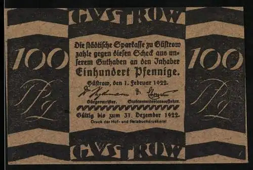 Notgeld Güstrow, 1922, 100 Pfennig, schwarze Schrift und Muster, Rückseite mit Stier und Efeublättern