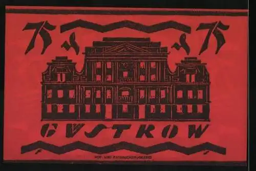 Notgeld Güstrow 1921, 75 Pfennig, Sparkasse und Gebäudeillustration