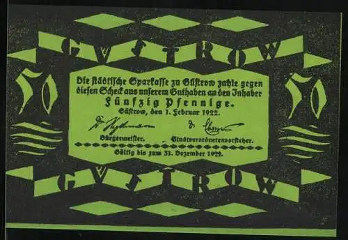 Notgeld Güstrow, 1922, 50 Pfennig, grün-schwarzes Design mit Stadtwappen und Gebäudeansicht