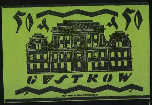 Notgeld Güstrow, 1922, 50 Pfennig, grün-schwarzes Design mit Stadtwappen und Gebäudeansicht