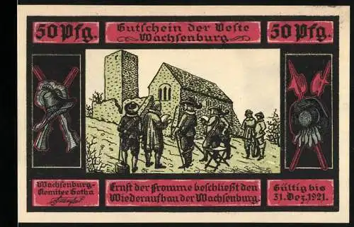 Notgeld Gotha 1921, 50 Pfennig, Darstellung der Wachsenburg und historische Szene mit Soldaten