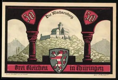 Notgeld Gotha 1921, 50 Pfennig, Die Wachsenburg mit Sage vom zwiebeweibten Grafen von Gleichen