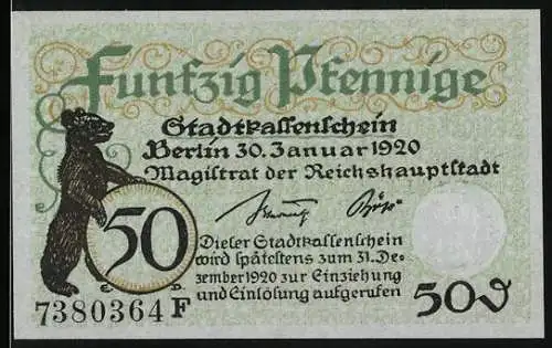 Notgeld Berlin 1920, 50 Pfennig, Stadt-Kassenschein mit Bär-Motiv und Textverzierungen