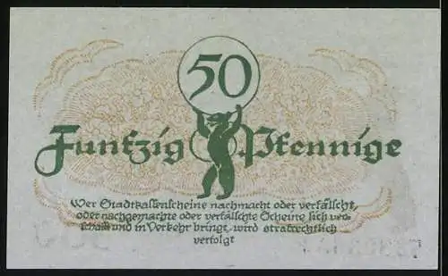 Notgeld Berlin 1920, 50 Pfennig, Stadt-Kassenschein mit Bär-Motiv und Textverzierungen