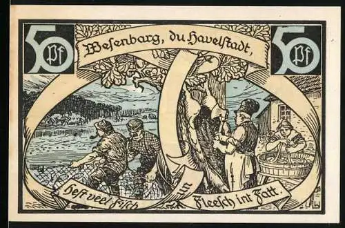 Notgeld Wesenberg 1921, 50 Pfennig, landwirtschaftliche und handwerkliche Szenen, Gültigkeit bis 31. Dezember 1921