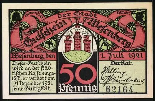 Notgeld Wesenberg 1921, 50 Pfennig, landwirtschaftliche und handwerkliche Szenen, Gültigkeit bis 31. Dezember 1921