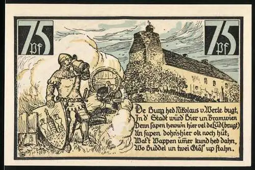 Notgeld Wesenberg, 1921, 75 Pfennig, Ritter und Stadtmauer Motiv, Gültigkeit bis 31. Dezember 1921